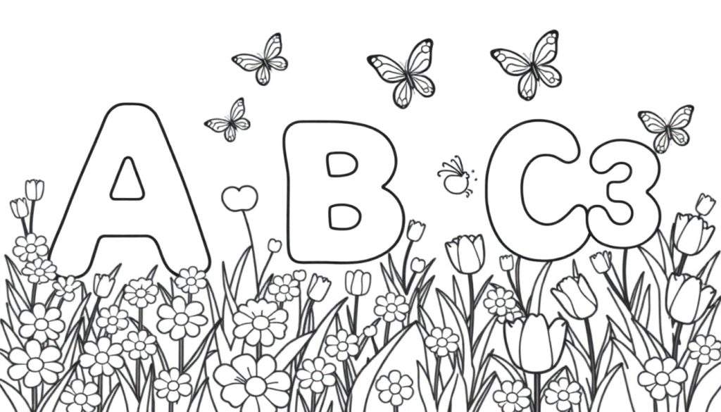A black and white color panel of letters A, B, C and number 3 surrounded by flowers and butterflies.