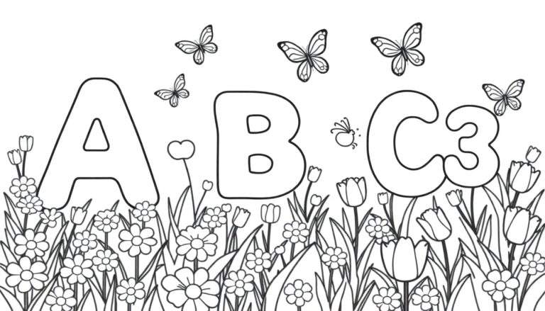 A black and white color panel of letters A, B, C and number 3 surrounded by flowers and butterflies.