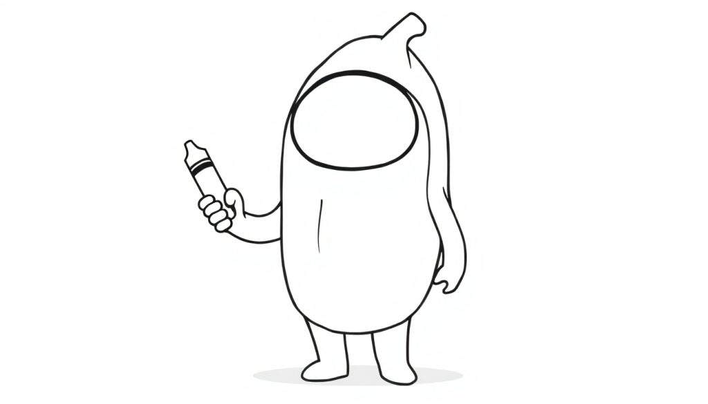 A cute Among Us crewmate in a silly costume holding a crayon, ready for coloring in this color panel.
