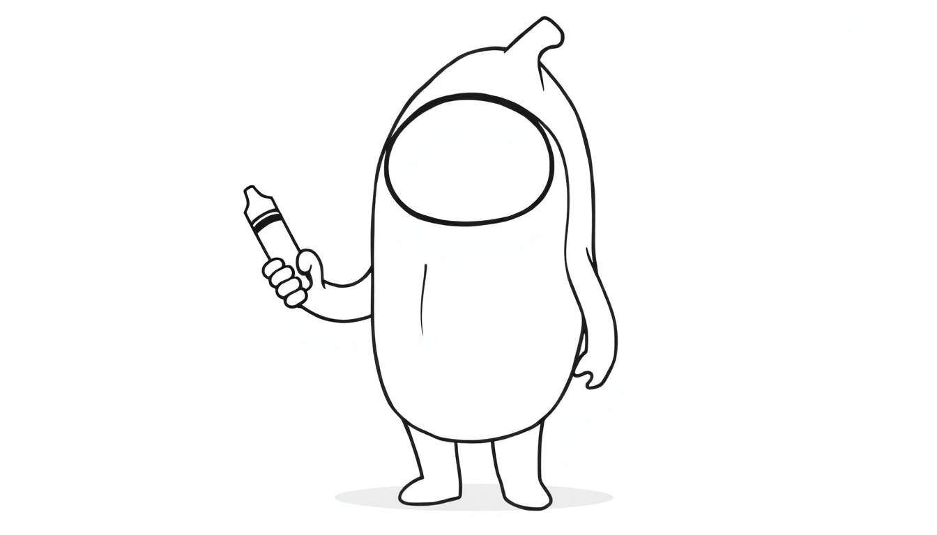A cute Among Us crewmate in a silly costume holding a crayon, ready for coloring in this color panel.