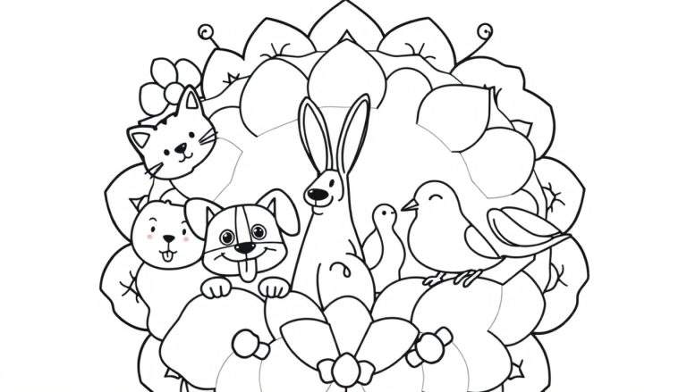 A cute black and white mandala with playful animal friends peeking out from the intricate patterns, a delightful color panel of nature's charm.