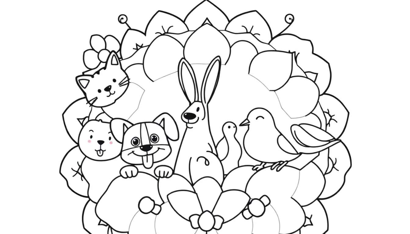 A cute black and white mandala with playful animal friends peeking out from the intricate patterns, a delightful color panel of nature's charm.