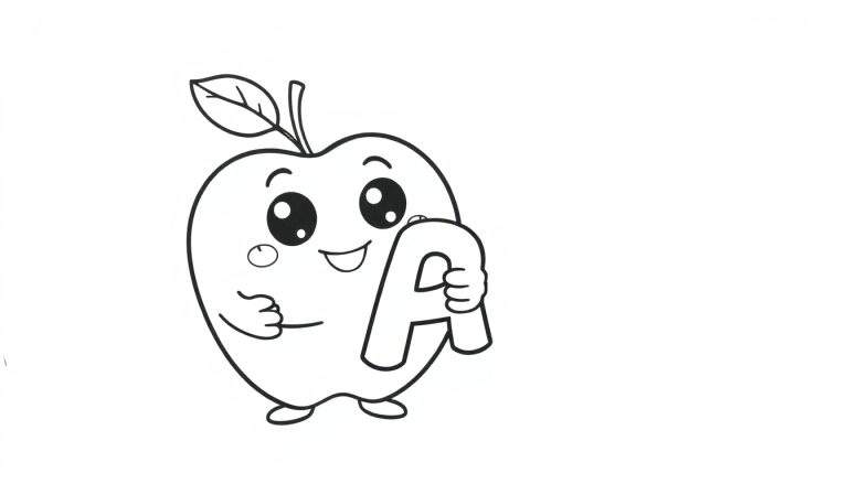 A friendly apple character in a black and white color panel holding the letter 'A'.
