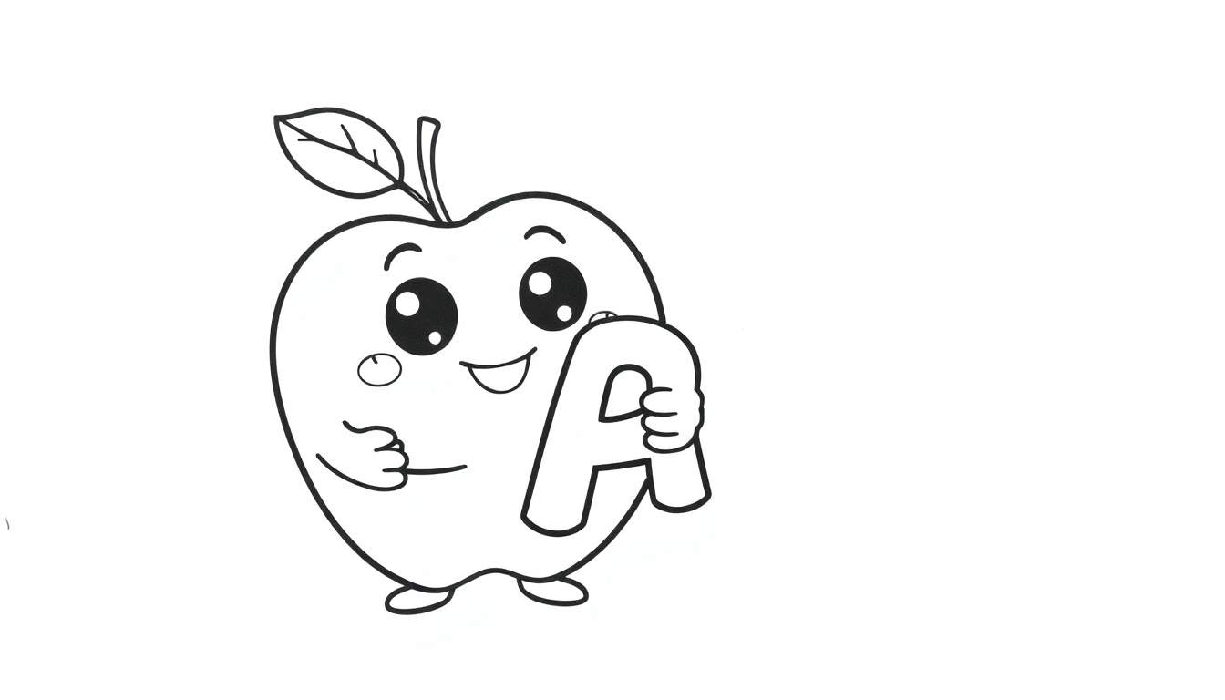 A friendly apple character in a black and white color panel holding the letter 'A'.