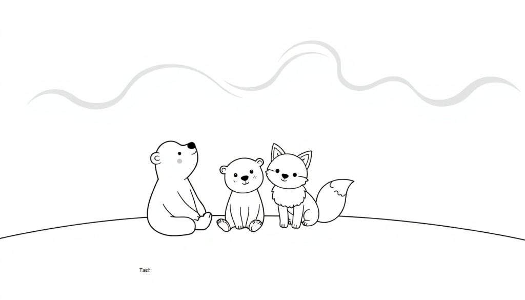 A cute baby polar bear, an otter, and a fluffy fox are sitting on the snow, looking up at a colorful aurora borealis, a black and white color panel.