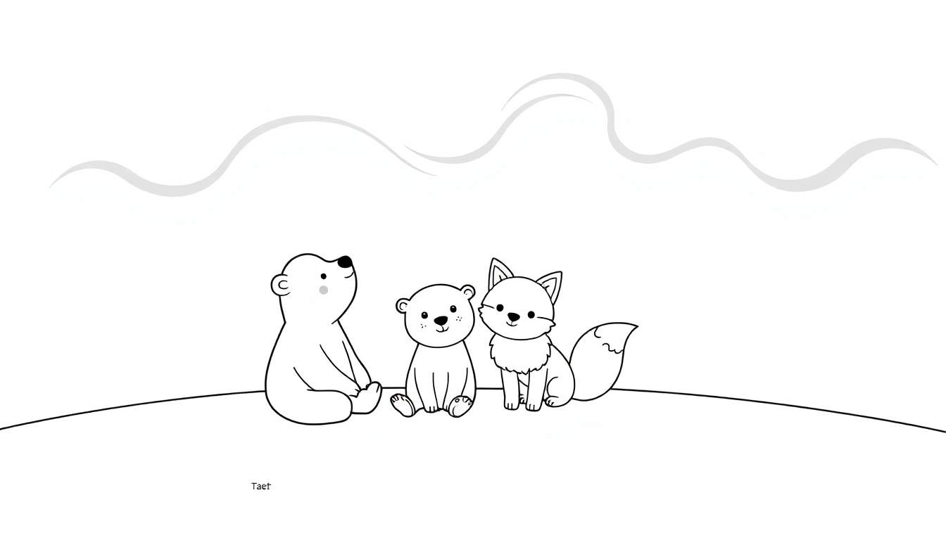 A cute baby polar bear, an otter, and a fluffy fox are sitting on the snow, looking up at a colorful aurora borealis, a black and white color panel.