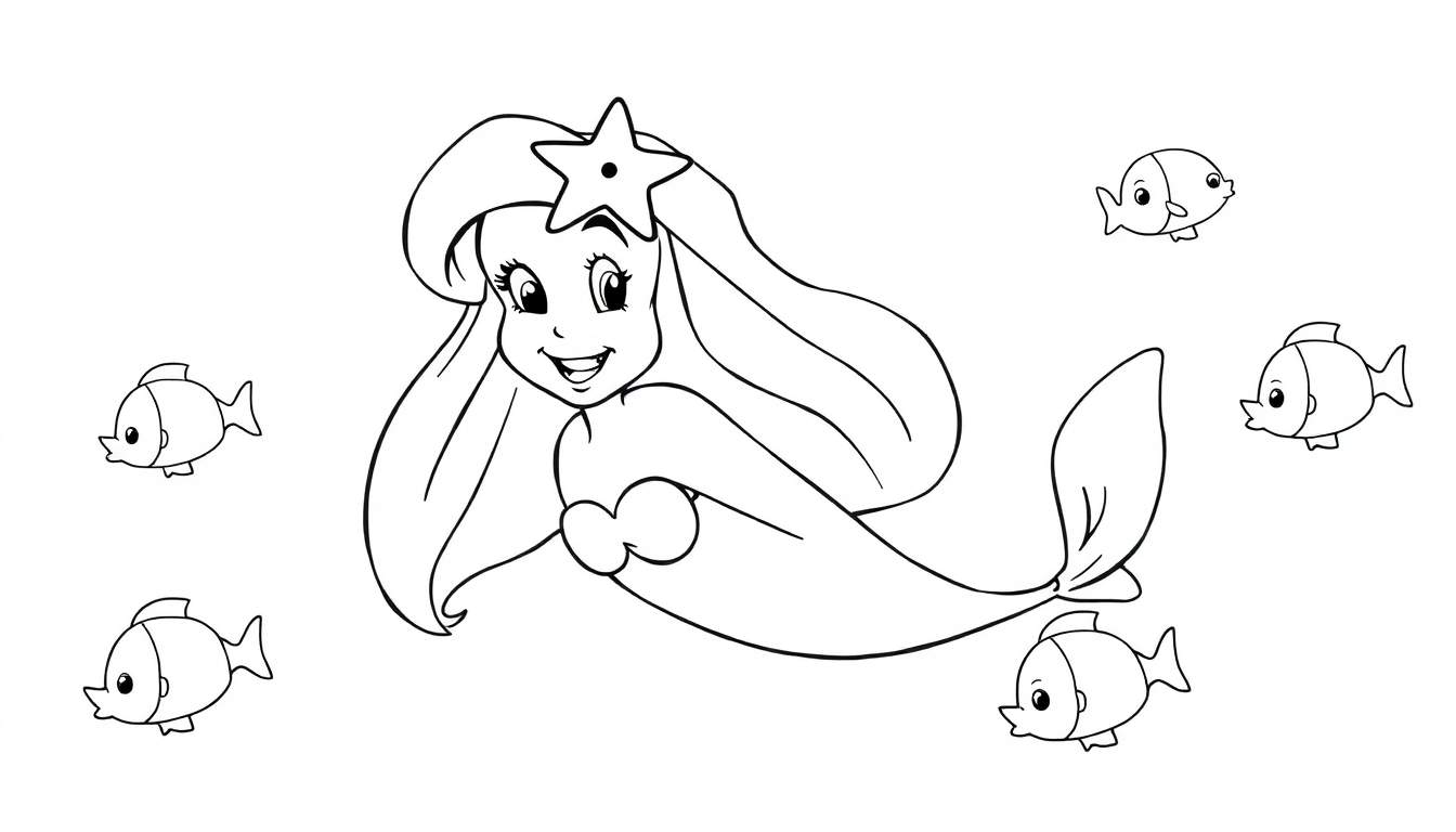 Ariel the mermaid, a black and white color panel, smiles with a starfish in her hair, surrounded by four friendly fish.