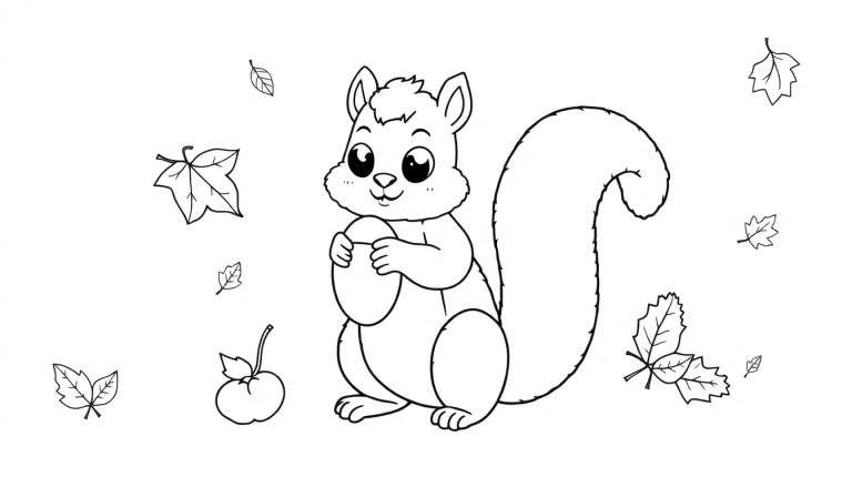 A cute squirrel with a big bushy tail and large eyes, holding an acorn in a black and white color panel surrounded by floating autumn leaves and a small apple.