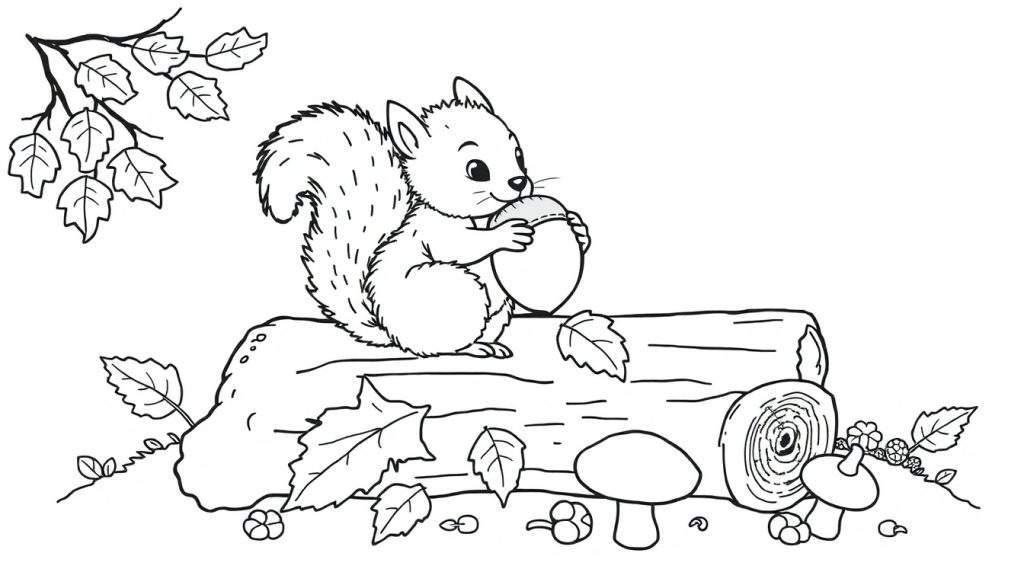A friendly squirrel coloring page with autumn leaves and mushrooms.