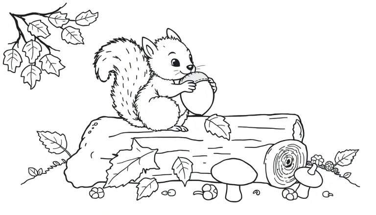 A friendly squirrel coloring page with autumn leaves and mushrooms.