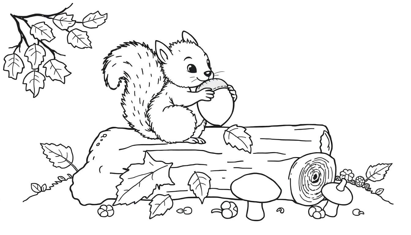 A friendly squirrel coloring page with autumn leaves and mushrooms.