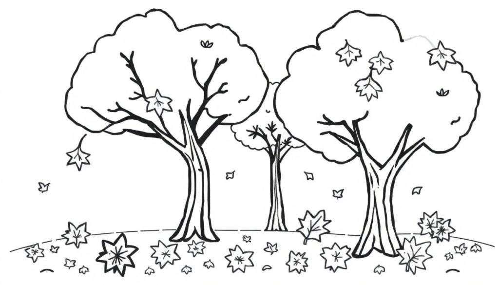 A black and white color panel showing three autumn trees with falling leaves, ready for coloring.