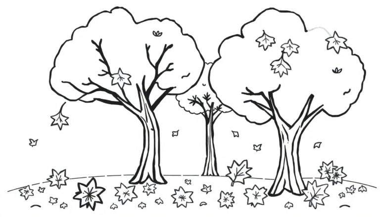 A black and white color panel showing three autumn trees with falling leaves, ready for coloring.