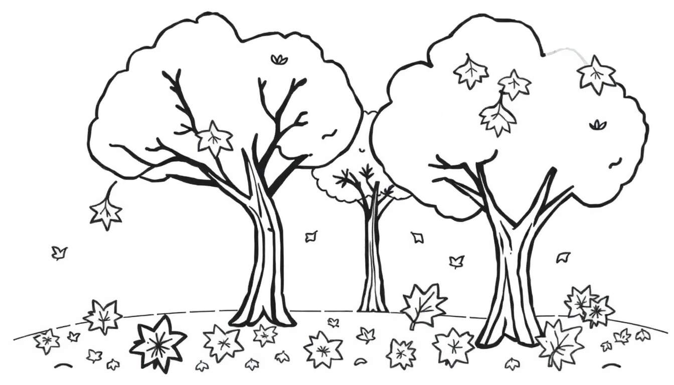 A black and white color panel showing three autumn trees with falling leaves, ready for coloring.