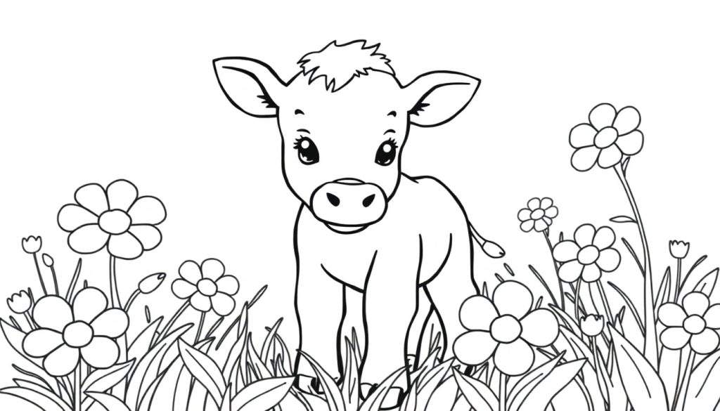 A cute baby calf stands in a flower field, ready for a coloring panel.