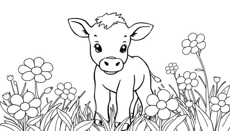 A cute baby calf stands in a flower field, ready for a coloring panel.