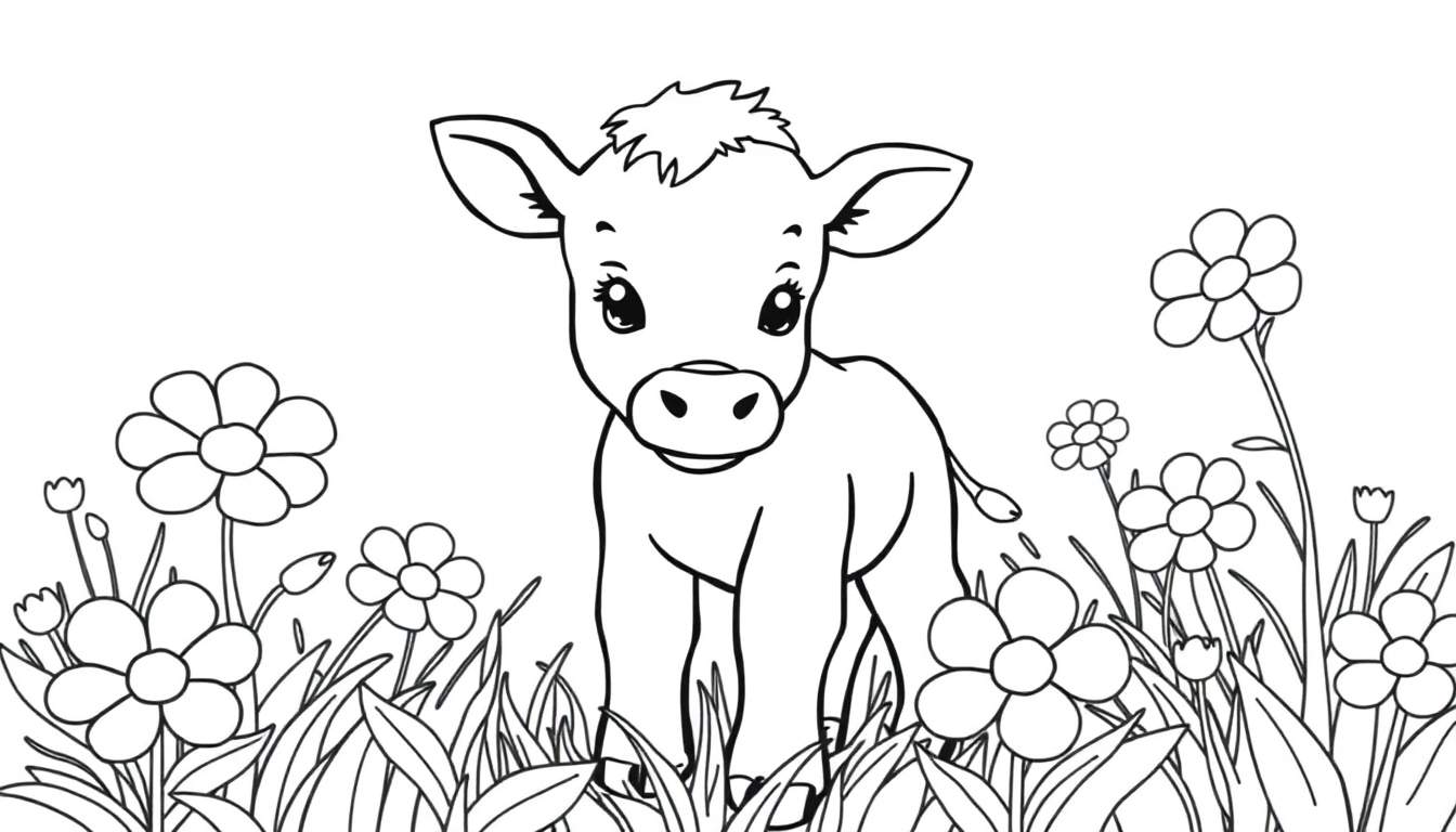A cute baby calf stands in a flower field, ready for a coloring panel.