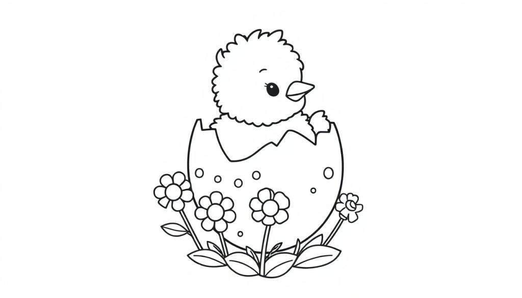 A black and white color panel drawing of a fluffy baby chick peeking out of a cracked egg, surrounded by flowers and leaves.