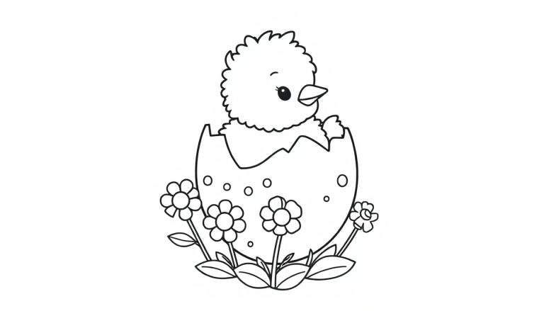 A black and white color panel drawing of a fluffy baby chick peeking out of a cracked egg, surrounded by flowers and leaves.