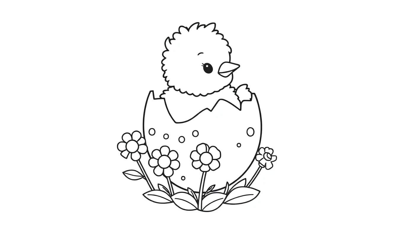 A black and white color panel drawing of a fluffy baby chick peeking out of a cracked egg, surrounded by flowers and leaves.
