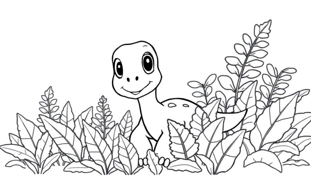 A happy baby Diplodocus in a black and white color panel, ready to be colored.