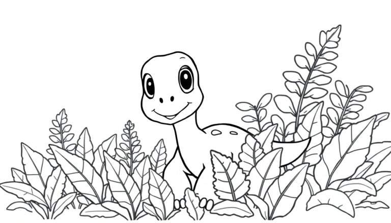 A happy baby Diplodocus in a black and white color panel, ready to be colored.