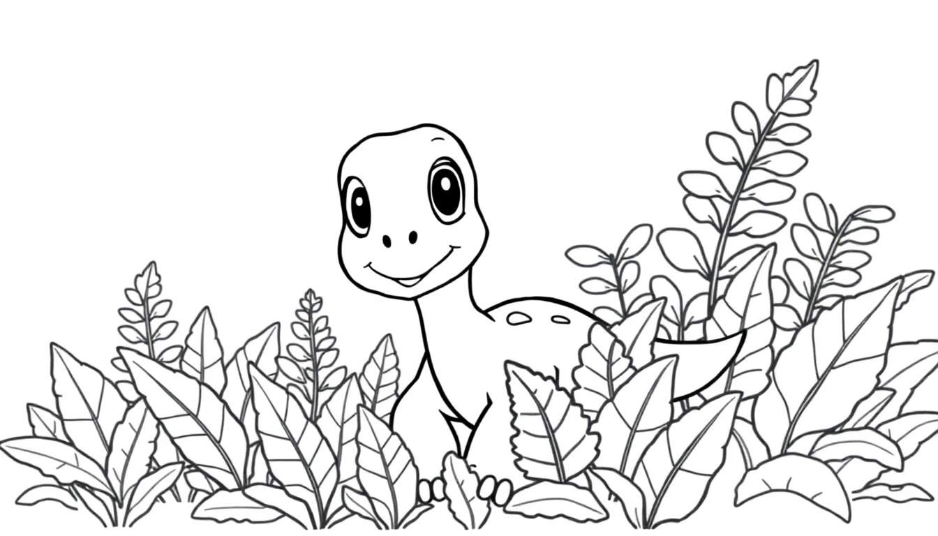 A happy baby Diplodocus in a black and white color panel, ready to be colored.