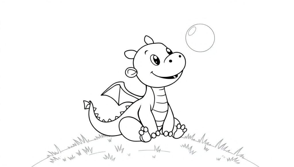 A cute baby dragon on a grassy patch, blowing a big bubble, a black and white color panel for coloring.