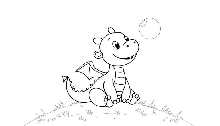 A cute baby dragon on a grassy patch, blowing a big bubble, a black and white color panel for coloring.