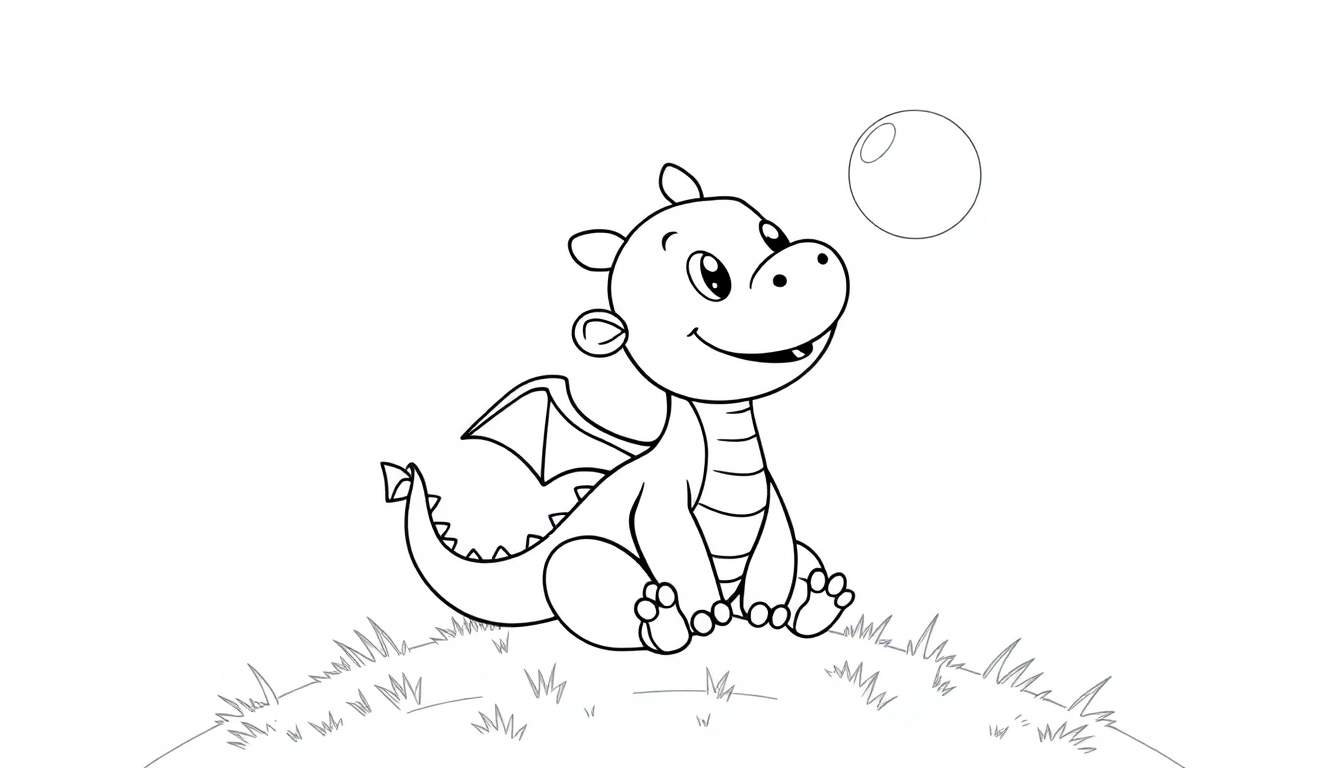 A cute baby dragon on a grassy patch, blowing a big bubble, a black and white color panel for coloring.