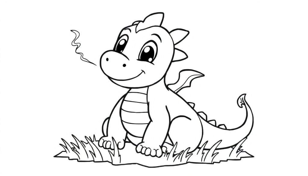Cute baby dragon coloring panel with a puff of smoke.