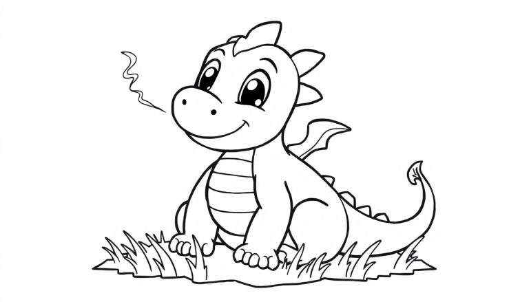 Cute baby dragon coloring panel with a puff of smoke.