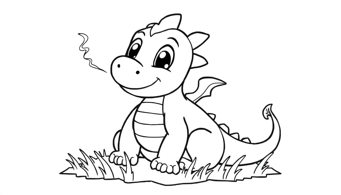 Cute baby dragon coloring panel with a puff of smoke.