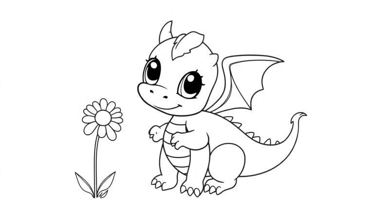 A cute baby dragon and a daisy on a color panel.