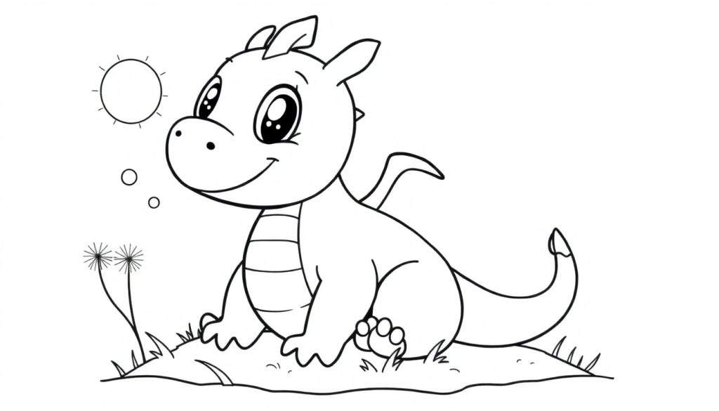 A cute baby dragon on a grassy color panel, about to blow bubbles.