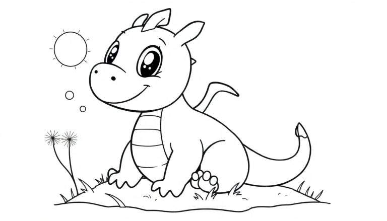 A cute baby dragon on a grassy color panel, about to blow bubbles.