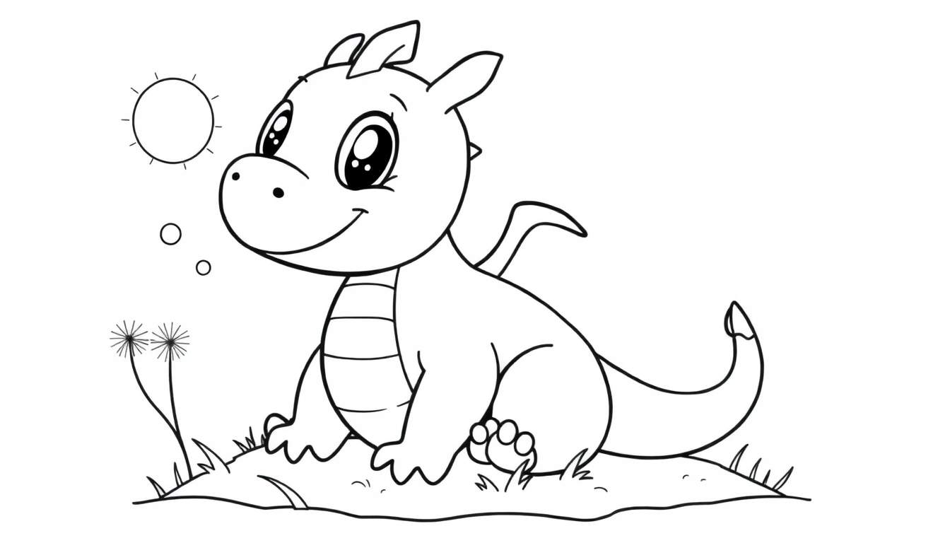 A cute baby dragon on a grassy color panel, about to blow bubbles.