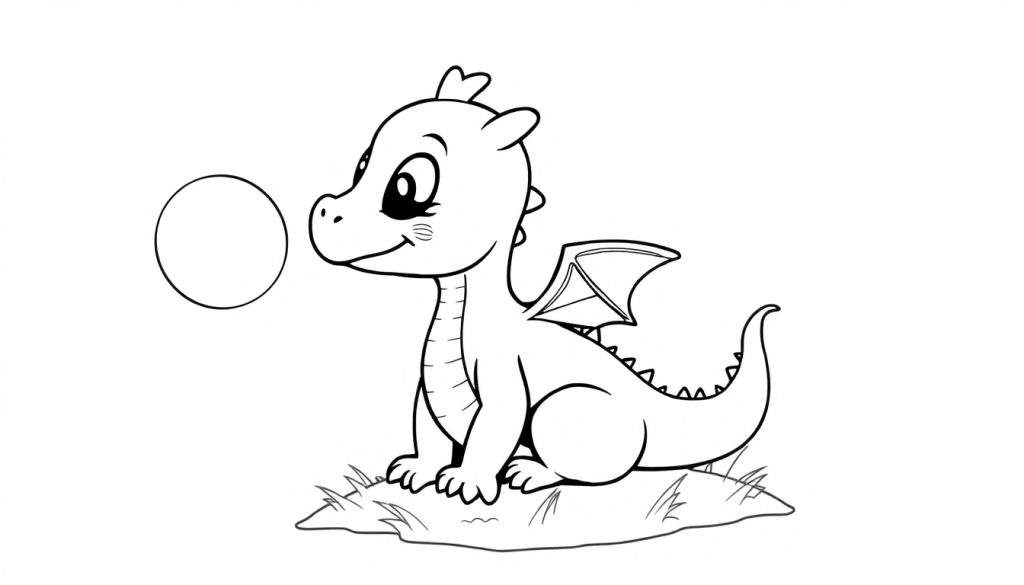 A cute baby dragon sitting on grass, ready for coloring on a color panel.