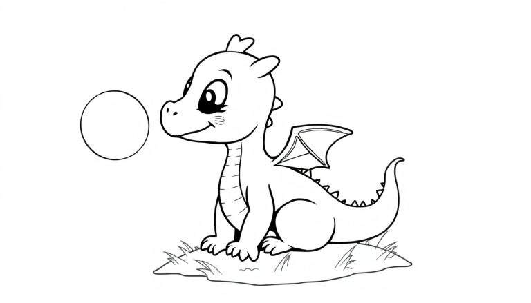 A cute baby dragon sitting on grass, ready for coloring on a color panel.