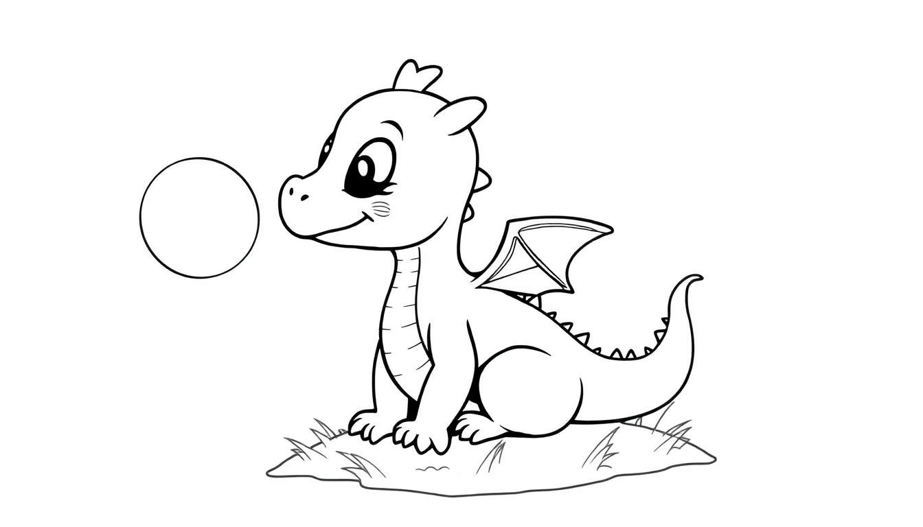 A cute baby dragon sitting on grass, ready for coloring on a color panel.