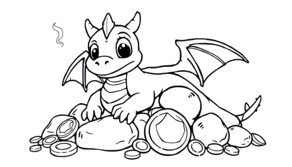 A cute baby dragon coloring panel sitting on treasure.