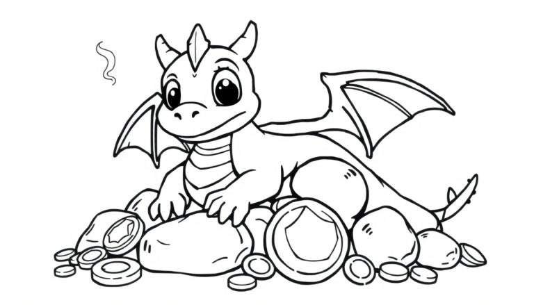 A cute baby dragon coloring panel sitting on treasure.