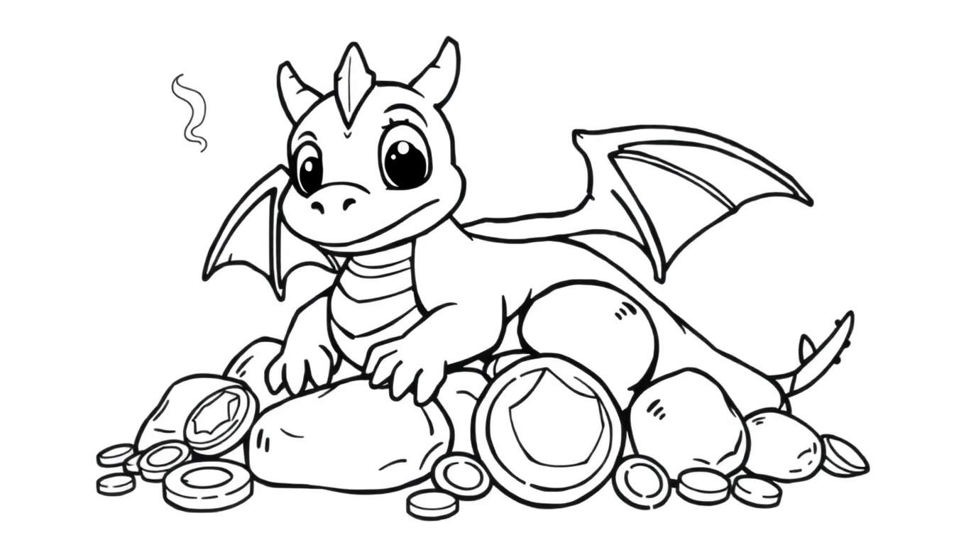 A cute baby dragon coloring panel sitting on treasure.