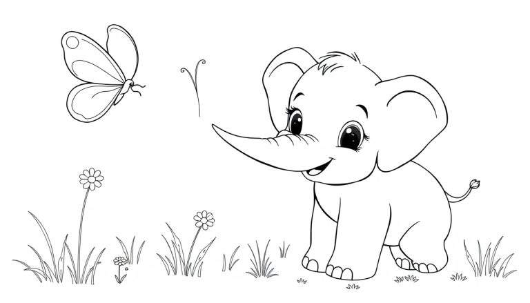 A cute baby elephant with big ears and a trunk looking at a butterfly, ready for a color panel adventure.