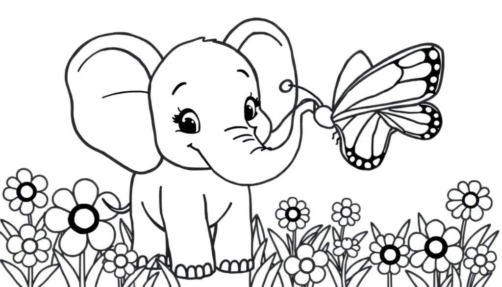 A cute baby elephant and a butterfly coloring panel.