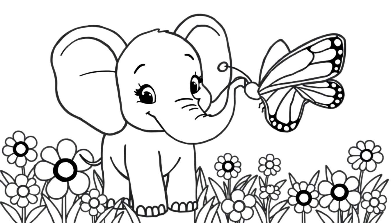A cute baby elephant and a butterfly coloring panel.