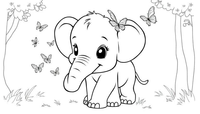 A cute baby elephant with a butterfly on its head, ready for a color panel.