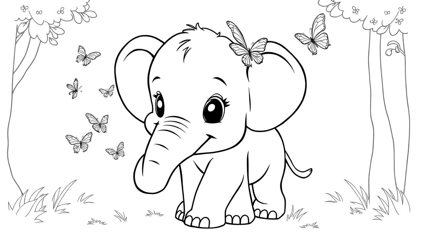 A cute baby elephant with a butterfly on its head, ready for a color panel.