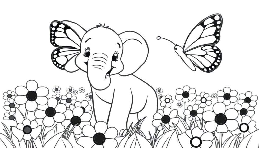 A happy baby elephant with a butterfly wing on its head, playing with a butterfly in a field of flowers, a black and white coloring panel.