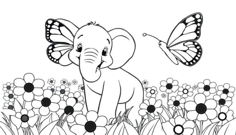 A happy baby elephant with a butterfly wing on its head, playing with a butterfly in a field of flowers, a black and white coloring panel.